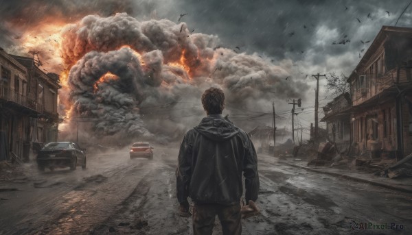 solo, 1boy, jacket, male focus, outdoors, sky, cloud, from behind, bird, cloudy sky, fire, ground vehicle, building, motor vehicle, smoke, rain, realistic, car, road, explosion, house, power lines, street, burning, truck