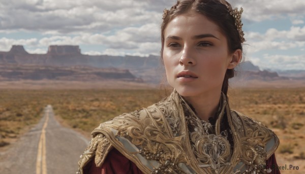 1girl,solo,short hair,brown hair,black hair,brown eyes,upper body,outdoors,parted lips,sky,day,cloud,armor,blurry,blue sky,lips,looking to the side,depth of field,blurry background,looking away,cloudy sky,crown,portrait,scenery,freckles,gold trim,mountain,realistic,looking at viewer,sunlight,landscape