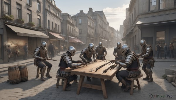 holding,sitting,weapon,boots,outdoors,multiple boys,sky,day,belt,sword,cloud,bag,holding weapon,armor,gun,window,chair,table,helmet,knife,shoulder armor,gauntlets,building,scenery,6+boys,pauldrons,shield,breastplate,city,fantasy,dagger,greaves,house,multiple others,stool,knight,full armor,ambiguous gender,barrel,board game,people,crate,6+others,tree