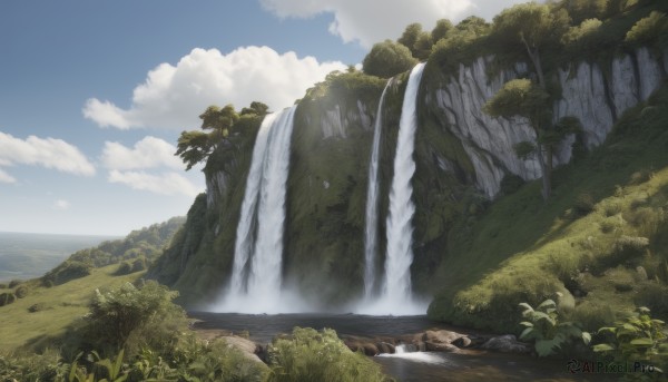 outdoors,sky,day,cloud,water,tree,blue sky,no humans,cloudy sky,grass,plant,nature,scenery,forest,rock,mountain,river,waterfall,landscape,cliff,bird,ocean,sunlight,horizon,bush