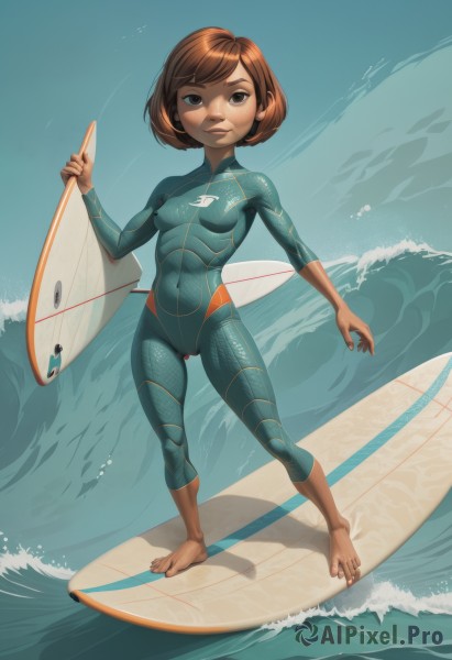 1girl,solo,breasts,looking at viewer,short hair,bangs,brown hair,holding,brown eyes,standing,swimsuit,full body,small breasts,barefoot,water,covered nipples,lips,bodysuit,covered navel,toes,ocean,bob cut,skin tight,waves,surfboard,wetsuit,smile,navel,nipples,pussy,black eyes,loli,cameltoe,shadow,ass visible through thighs,beach,freckles,nose