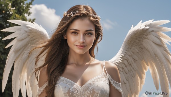 1girl,solo,long hair,breasts,looking at viewer,smile,brown hair,dress,cleavage,bare shoulders,brown eyes,medium breasts,closed mouth,collarbone,upper body,outdoors,wings,sky,day,cloud,white dress,blurry,blue sky,lips,blurry background,feathered wings,angel wings,realistic,white wings,angel,head wreath,tongue,tongue out,tree