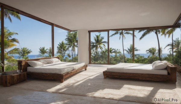 outdoors,sky,day,cloud,indoors,tree,blue sky,pillow,no humans,window,bed,shadow,bed sheet,ocean,on bed,beach,sunlight,plant,curtains,scenery,palm tree,shade,bedroom,couch