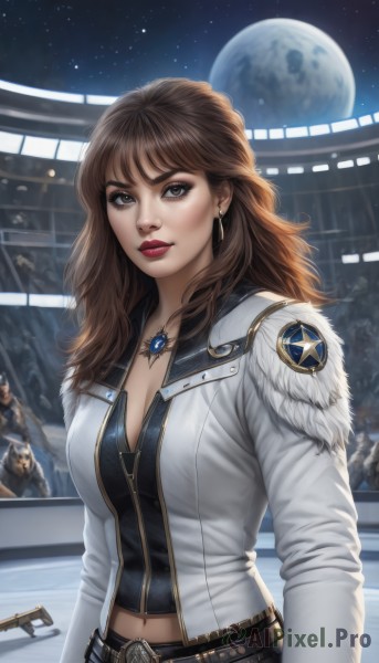 1girl,solo,long hair,breasts,looking at viewer,brown hair,navel,cleavage,brown eyes,jewelry,medium breasts,jacket,upper body,weapon,earrings,open clothes,sky,midriff,belt,necklace,lips,coat,gun,fur trim,makeup,night,moon,white jacket,lipstick,star (sky),night sky,full moon,pendant,starry sky,realistic,nose,white coat,red lips,space,planet,bangs,shirt,long sleeves,solo focus,black shirt,zipper,midriff peek,badge