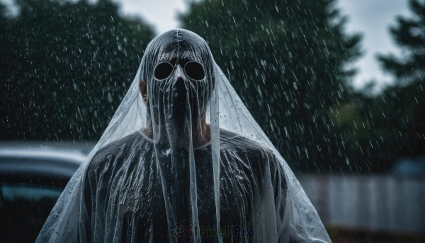 solo,looking at viewer,1boy,upper body,male focus,outdoors,blurry,tree,wet,mask,depth of field,blurry background,veil,facing viewer,1other,rain,bridal veil,1girl,long hair,breasts,shirt,black hair,jewelry,white hair,grey hair,earrings,glasses,see-through,black shirt,night,wet clothes,round eyewear,wet hair