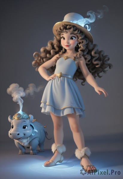 1girl,solo,long hair,smile,brown hair,hat,dress,bare shoulders,brown eyes,jewelry,standing,full body,earrings,dark skin,nail polish,white dress,flat chest,lips,hand on hip,toes,blue dress,animal,sandals,child,toenails,curly hair,toenail polish,magic,blush,black hair,shoes,sweatdrop,high heels,watermark,wavy hair,web address,smoke,sun hat