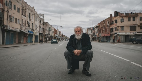 solo,looking at viewer,shirt,long sleeves,1boy,closed mouth,jacket,full body,grey hair,male focus,outdoors,necktie,sky,shoes,day,pants,cloud,black footwear,coat,black jacket,facial hair,black pants,formal,squatting,cloudy sky,own hands together,suit,ground vehicle,building,black necktie,motor vehicle,beard,city,realistic,mustache,car,road,bald,old,power lines,old man,street,utility pole,grey sky,wrinkled skin,sitting,white hair,open jacket,crying,scenery,cityscape,lamppost,sidewalk