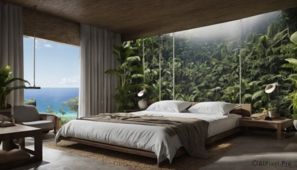 outdoors,sky,day,cloud,indoors,water,tree,cup,blue sky,pillow,book,no humans,window,bed,ocean,on bed,chair,beach,table,sunlight,plant,curtains,scenery,couch,wooden floor,blanket,horizon,potted plant,lamp,bedroom,carpet,flower pot,rug,flower,island