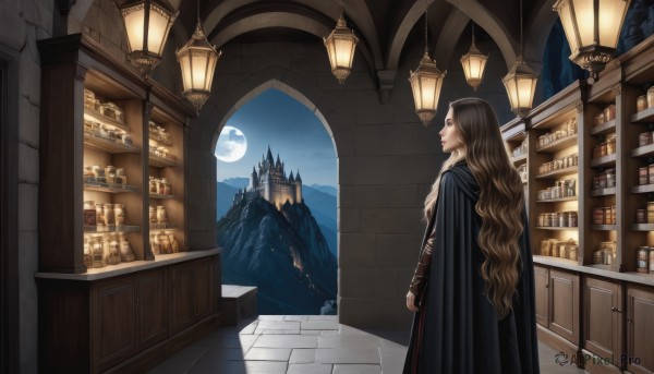 1girl,solo,long hair,brown hair,long sleeves,very long hair,standing,sky,cloud,indoors,cape,from side,lips,window,profile,night,wavy hair,moon,bottle,night sky,scenery,cloak,full moon,lantern,stairs,mountain,fantasy,black cape,lamp,shelf,jar,tree,castle,shop