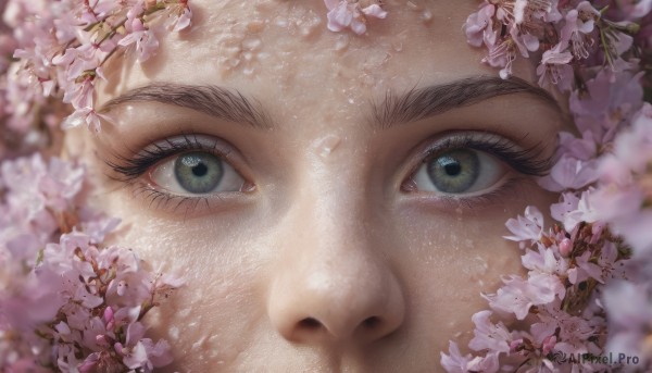 solo, looking at viewer, brown hair, 1boy, green eyes, flower, male focus, blurry, eyelashes, depth of field, thick eyebrows, cherry blossoms, close-up, realistic, dappled sunlight, eye focus