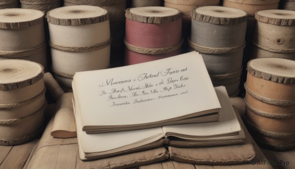 english text,cup,book,no humans,wooden floor,mug,paper,open book,still life,barrel,wooden table,wood,indoors,wooden wall