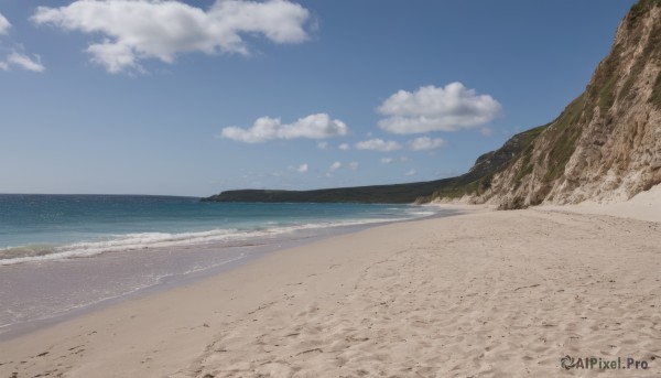 outdoors,sky,day,cloud,water,blue sky,no humans,ocean,beach,cloudy sky,scenery,rock,mountain,sand,horizon,waves,shore,nature,landscape