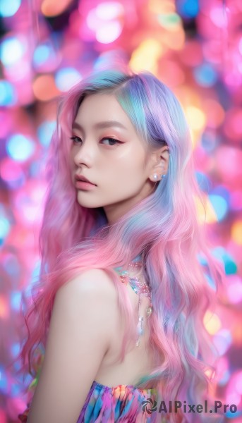 1girl,solo,long hair,looking at viewer,dress,bare shoulders,jewelry,closed mouth,blue hair,upper body,pink hair,multicolored hair,earrings,looking back,necklace,blurry,black eyes,from side,two-tone hair,lips,strapless,makeup,depth of field,blurry background,piercing,ear piercing,strapless dress,realistic,nose,from behind,gradient hair,watermark,wavy hair,eyeshadow,bokeh