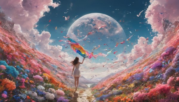 1girl, solo, long hair, black hair, dress, standing, flower, outdoors, sky, barefoot, day, cloud, from behind, white dress, dutch angle, bird, moon, scenery, fish, mountain, field, flower field, landscape, colorful, surreal