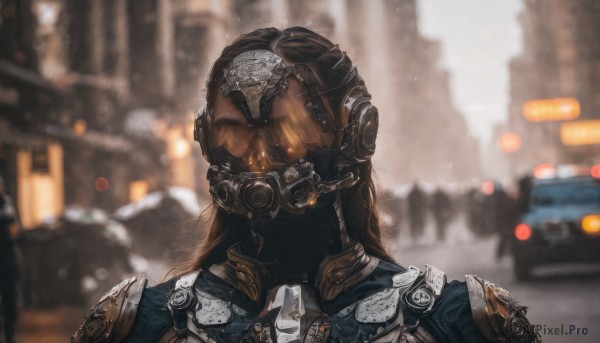 1girl,solo,long hair,brown hair,upper body,outdoors,armor,blurry,mask,depth of field,blurry background,helmet,ground vehicle,building,portrait,motor vehicle,science fiction,city,realistic,car,police,gas mask,cyberpunk,shoulder armor,facing viewer,pauldrons