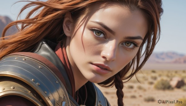 1girl,solo,long hair,looking at viewer,brown hair,brown eyes,braid,outdoors,parted lips,sky,day,armor,blurry,blue sky,lips,eyelashes,depth of field,blurry background,shoulder armor,portrait,close-up,forehead,freckles,pauldrons,mountain,realistic,nose,teeth