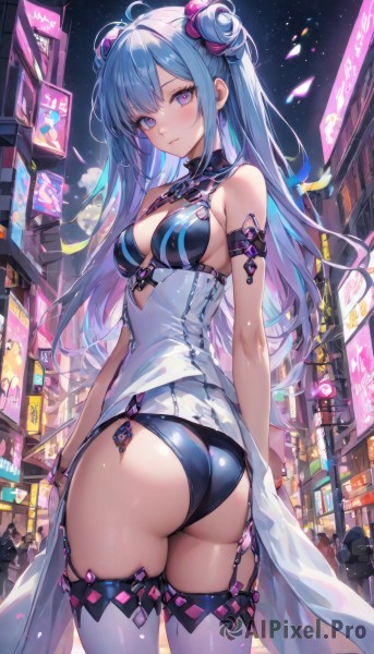 1girl,solo,long hair,breasts,looking at viewer,blush,bangs,blue eyes,thighhighs,dress,cleavage,bare shoulders,medium breasts,closed mouth,underwear,blue hair,standing,purple eyes,panties,ass,ahoge,sidelocks,thighs,multicolored hair,cowboy shot,outdoors,sky,sleeveless,looking back,hair bun,from behind,white dress,white thighhighs,leotard,black panties,bare arms,clothing cutout,double bun,night,sleeveless dress,garter straps,cleavage cutout,building,star (sky),night sky,armlet,starry sky,city,cityscape,arm strap,shirt,hair ornament,very long hair,white shirt,multiple boys,solo focus,shiny,two-tone hair,shiny skin,skindentation,scrunchie,armband,hair scrunchie,shiny clothes,twisted torso,crowd,neon lights