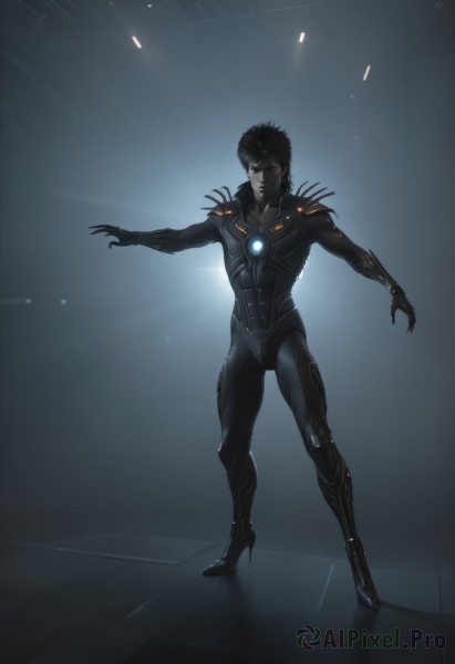 solo,black hair,1boy,standing,full body,male focus,armor,high heels,bodysuit,glowing,facial mark,outstretched arms,science fiction,realistic,cyborg,neon trim,looking at viewer,power armor