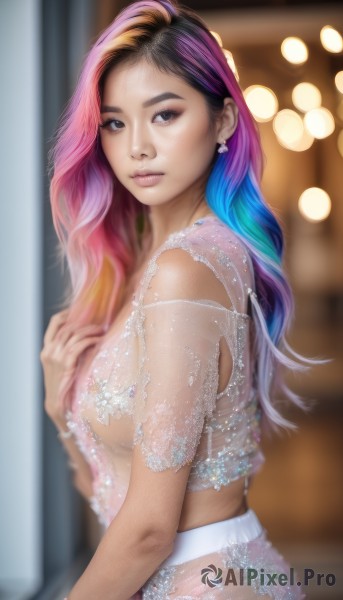 1girl,solo,long hair,breasts,looking at viewer,skirt,shirt,black hair,brown eyes,jewelry,medium breasts,closed mouth,underwear,blue hair,upper body,pink hair,purple hair,multicolored hair,earrings,midriff,artist name,indoors,blurry,black eyes,bracelet,from side,two-tone hair,lips,see-through,looking to the side,no bra,sideboob,gradient hair,makeup,depth of field,blurry background,piercing,hand on own chest,realistic,nose,eyelashes,watermark,wavy hair,revealing clothes,eyeshadow,bokeh,mascara