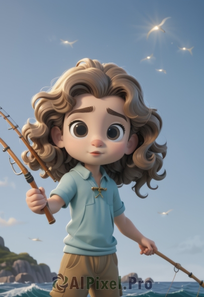 1girl,solo,long hair,looking at viewer,smile,brown hair,shirt,holding,brown eyes,closed mouth,standing,short sleeves,outdoors,sky,shorts,day,collared shirt,pants,artist name,cloud,medium hair,water,blue sky,lips,bird,ocean,animal,thick eyebrows,blue shirt,child,wading,curly hair,pocket,rock,sun,female child,male child,brown shorts,fishing rod,seagull,fishing,watermark,wavy hair,brown pants