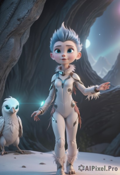 1girl,solo,breasts,looking at viewer,smile,short hair,blue eyes,blue hair,standing,full body,white hair,small breasts,outdoors,parted lips,tree,fur trim,bodysuit,night,glowing,bird,animal,moon,feathers,child,night sky,snow,backlighting,white bodysuit,owl,talons,sky,artist name,aged down,spiked hair,ice,mountain,male child