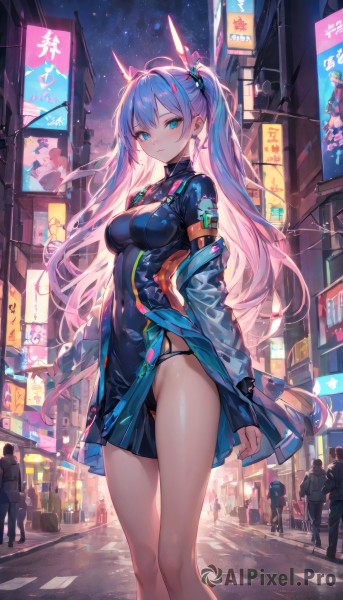 1girl,long hair,breasts,looking at viewer,blush,bangs,blue eyes,long sleeves,dress,twintails,medium breasts,very long hair,closed mouth,underwear,blue hair,standing,panties,jacket,pink hair,sidelocks,thighs,multicolored hair,outdoors,multiple boys,open clothes,sky,solo focus,off shoulder,black dress,aqua eyes,leotard,see-through,black panties,bare legs,bodysuit,covered navel,night,feet out of frame,headgear,highleg,building,star (sky),night sky,skin tight,starry sky,impossible clothes,city,crowd,solo,large breasts,hair ornament,jewelry,ahoge,earrings,horns,nail polish,two-tone hair,open jacket,streaked hair,sleeves past wrists,short dress,x hair ornament,pelvic curtain,road,lamppost,street,impossible dress,crosswalk