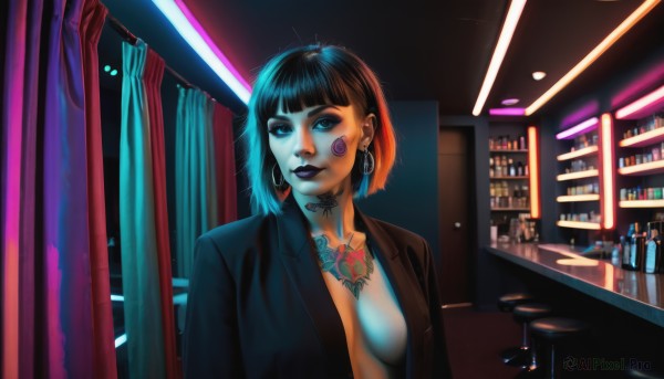 1girl,solo,breasts,looking at viewer,short hair,bangs,blue eyes,shirt,black hair,cleavage,jewelry,medium breasts,jacket,upper body,multicolored hair,earrings,open clothes,indoors,blunt bangs,medium hair,two-tone hair,open jacket,lips,black jacket,open shirt,no bra,tattoo,makeup,bottle,lipstick,curtains,eyeshadow,hoop earrings,nose,eyeliner,facial tattoo,shelf,purple lips,chest tattoo,mascara,bar (place),cyberpunk,neck tattoo,black lips,neon lights,large breasts,brown hair,choker,window,formal,thick eyebrows,suit,realistic,suit jacket,blue lips,plunging neckline