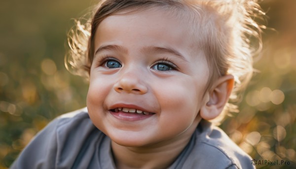 1girl,solo,looking at viewer,smile,short hair,open mouth,blue eyes,blonde hair,teeth,blurry,lips,depth of field,blurry background,child,portrait,realistic,nose,bokeh,1boy,male focus,eyelashes