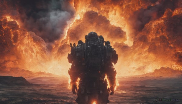 standing,outdoors,sky,cloud,military,no humans,fire,robot,scenery,mecha,smoke,science fiction,mountain,explosion,burning,molten rock,solo,bag,ocean,backpack,cloudy sky,1other,orange theme