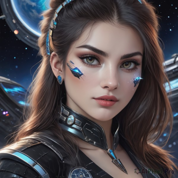 1girl,solo,long hair,looking at viewer,brown hair,brown eyes,jewelry,earrings,parted lips,choker,artist name,armor,lips,eyelashes,makeup,headgear,portrait,star (sky),forehead,eyeshadow,freckles,science fiction,realistic,nose,eyeliner,space,planet,earth (planet),yellow eyes,signature,facial mark,close-up,cyborg,cyberpunk