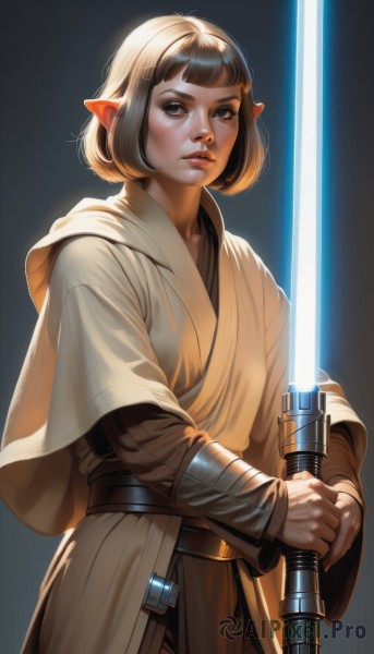 1girl,solo,looking at viewer,short hair,bangs,simple background,brown hair,long sleeves,holding,brown eyes,weapon,cowboy shot,parted lips,pointy ears,belt,sword,hood,blunt bangs,holding weapon,lips,capelet,glowing,holding sword,bob cut,elf,science fiction,robe,realistic,nose,glowing weapon,energy sword,tunic,white robe,glowing sword,lightsaber,blue eyes,standing,thick eyebrows,fantasy,two-handed