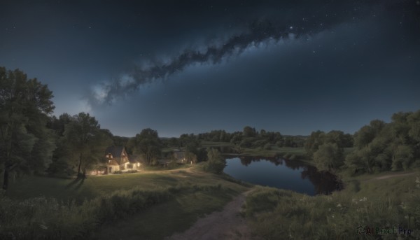 outdoors,sky,cloud,water,tree,no humans,night,grass,building,star (sky),nature,night sky,scenery,forest,starry sky,road,house,bridge,lamppost,river,landscape,path,flower,reflection,lantern,field,lake,campfire