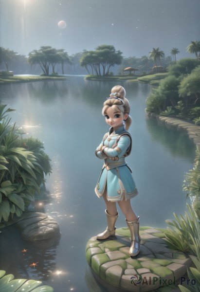 1girl,solo,looking at viewer,smile,short hair,blue eyes,brown hair,hair ornament,gloves,long sleeves,dress,jewelry,closed mouth,standing,full body,earrings,boots,outdoors,sky,water,bag,hair bun,black eyes,tree,night,crossed arms,moon,single hair bun,knee boots,child,star (sky),nature,night sky,scenery,full moon,starry sky,waterfall,lake,pond,brown eyes,lips,sparkle,grass,reflection,river