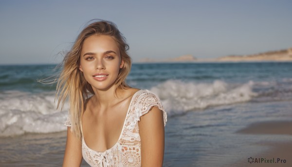 1girl,solo,long hair,breasts,looking at viewer,smile,blonde hair,brown hair,shirt,dress,cleavage,brown eyes,medium breasts,collarbone,upper body,short sleeves,outdoors,parted lips,sky,teeth,day,water,white dress,grin,blurry,lips,looking to the side,depth of field,blurry background,ocean,beach,wind,realistic,nose,sand,photo background,open mouth