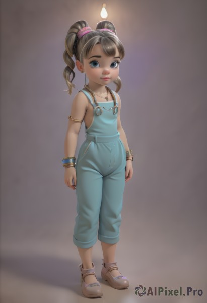 1girl,solo,long hair,looking at viewer,blue eyes,brown hair,bare shoulders,twintails,jewelry,standing,full body,dark skin,necklace,flat chest,bracelet,dark-skinned female,lips,sandals,scrunchie,ring,child,armlet,female child,overalls,naked overalls,simple background,earrings,shoes,loli,realistic,light bulb