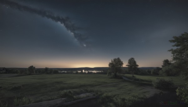 outdoors,sky,cloud,tree,no humans,night,grass,building,star (sky),nature,night sky,scenery,smoke,starry sky,sunset,road,river,landscape,hill,ocean,horizon,bush,field,path