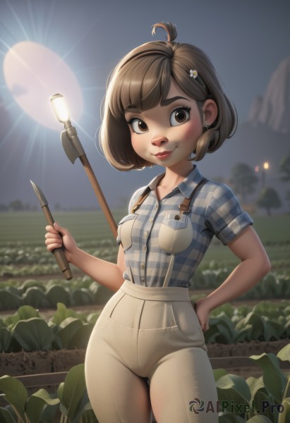 1girl,solo,breasts,looking at viewer,blush,smile,short hair,bangs,brown hair,shirt,hair ornament,holding,brown eyes,jewelry,closed mouth,standing,collarbone,flower,ahoge,short sleeves,cowboy shot,earrings,small breasts,outdoors,sky,hairclip,collared shirt,pants,artist name,hair flower,blurry,lips,hand on hip,plaid,night,blurry background,bob cut,thick eyebrows,suspenders,blue shirt,freckles,pocket,white pants,overalls,plaid shirt,high-waist pants,day,makeup,leaf,denim,arm behind back,nose,sun