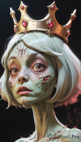 1girl,solo,looking at viewer,short hair,simple background,brown eyes,collarbone,white hair,grey hair,multicolored hair,parted lips,teeth,lips,eyelashes,colored skin,crown,black background,portrait,veins,red lips,stitches,horror (theme),cracked skin,bangs,blonde hair,gem,realistic,nose