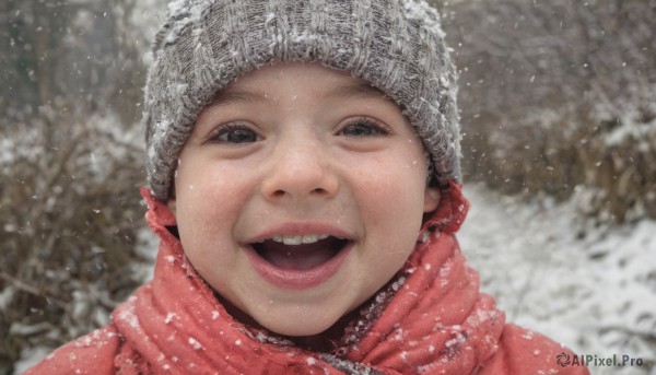 solo,looking at viewer,smile,open mouth,1boy,hat,:d,male focus,outdoors,teeth,scarf,blurry,black eyes,tree,blurry background,upper teeth only,portrait,nature,snow,red scarf,snowing,realistic,beanie,winter,black hair,tongue,coat,close-up,winter clothes