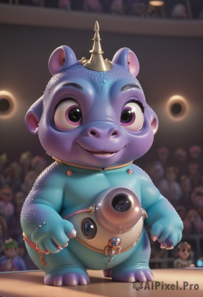 solo,looking at viewer,smile,open mouth,1boy,animal ears,standing,purple eyes,full body,male focus,solo focus,artist name,indoors,pink eyes,blurry,blurry background,crown,child,furry,furry male,spacesuit,buck teeth,1girl,horns,teeth,no humans,single horn,realistic