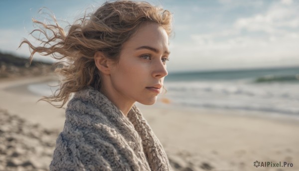 1girl, solo, long hair, looking at viewer, blonde hair, brown hair, upper body, outdoors, sky, day, blurry, lips, floating hair, depth of field, blurry background, beach, wind, realistic, nose, sand