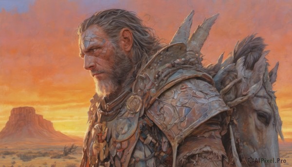 solo,1boy,closed mouth,upper body,grey hair,male focus,outdoors,sky,cape,armor,from side,looking to the side,profile,facial hair,scar,shoulder armor,beard,scar on face,pauldrons,sunset,shield,breastplate,mountain,manly,orange sky,chainmail,white hair,cloud,grey eyes,feathers,realistic,scar across eye,horse,hair slicked back,twilight,looking ahead,evening,dusk,desert