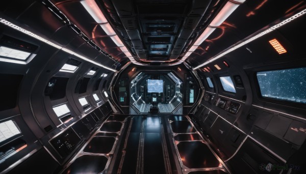 no humans,robot,star (sky),scenery,machinery,science fiction,realistic,cable,space,planet,spacecraft,cockpit,sky,indoors,window,light,lights,screen