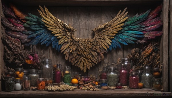 food,wings,indoors,no humans,fruit,bottle,feathers,scenery,feathered wings,fantasy,jar,plant,crystal,orange (fruit),still life,spread wings