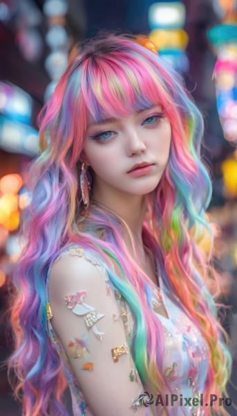 1girl,solo,long hair,breasts,looking at viewer,bangs,blue eyes,shirt,bare shoulders,jewelry,closed mouth,blue hair,upper body,pink hair,multicolored hair,earrings,sleeveless,artist name,blunt bangs,blurry,from side,two-tone hair,lips,streaked hair,head tilt,eyelashes,sleeveless shirt,tattoo,gradient hair,makeup,depth of field,blurry background,wavy hair,expressionless,web address,eyeshadow,pink lips,realistic,nose,bokeh,mascara,necklace,bracelet,aqua eyes,aqua hair,watermark,piercing,lipstick,gem,eyeliner,arm tattoo,colorful,flower tattoo