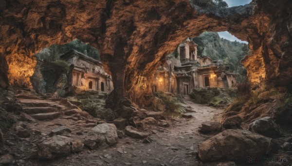 outdoors,sky,day,tree,no humans,traditional media,grass,building,nature,scenery,forest,rock,stairs,mountain,road,ruins,house,path,lantern,architecture,landscape,stone