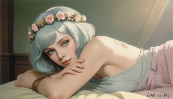 1girl,solo,breasts,looking at viewer,smile,short hair,bangs,blue eyes,large breasts,shirt,hair ornament,cleavage,bare shoulders,jewelry,medium breasts,closed mouth,blue hair,upper body,flower,lying,sleeveless,artist name,indoors,hair flower,bracelet,from side,lips,fingernails,eyelashes,bed,sideboob,rose,bed sheet,on bed,crossed arms,on stomach,curtains,pink flower,armlet,pink lips,realistic,nose,head wreath,pink rose,flower wreath,dress,aqua eyes,on side,pink dress