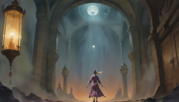 1girl,solo,long hair,blonde hair,dress,standing,ponytail,sky,from behind,night,moon,wind,scenery,purple dress,lantern,facing away,light,candle,ruins,wide shot,pillar,arch,black hair,long sleeves,outdoors,indoors,floating hair,full moon,fog