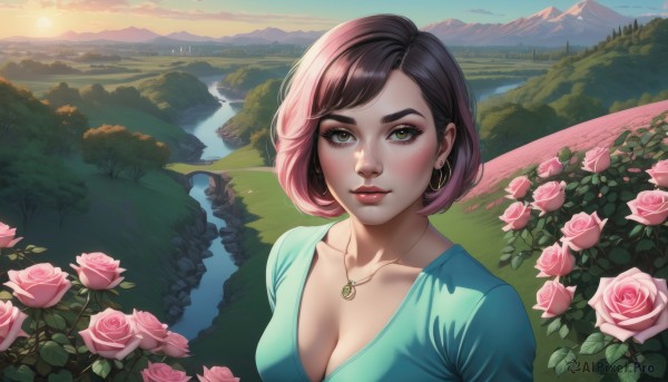 1girl,solo,breasts,looking at viewer,smile,short hair,bangs,brown hair,shirt,cleavage,brown eyes,jewelry,medium breasts,closed mouth,green eyes,collarbone,upper body,pink hair,flower,multicolored hair,earrings,outdoors,sky,artist name,cloud,water,necklace,two-tone hair,lips,eyelashes,makeup,swept bangs,rose,sunlight,thick eyebrows,blue shirt,light smile,lipstick,nature,scenery,pink flower,pendant,eyeshadow,sunset,hoop earrings,mountain,nose,green shirt,sun,eyeliner,bush,pink rose,river,landscape,mountainous horizon,lake,mascara,blush,large breasts,black hair,dress,day,freckles,realistic