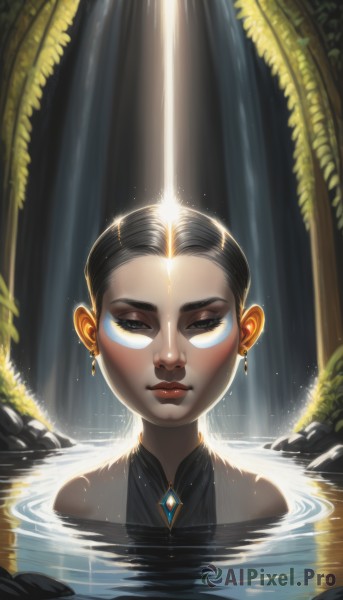 1girl,solo,looking at viewer,short hair,black hair,bare shoulders,brown eyes,jewelry,closed mouth,upper body,earrings,artist name,dark skin,water,black eyes,dark-skinned female,lips,wet,makeup,glowing,watermark,gem,portrait,web address,eyeshadow,partially submerged,reflection,nose,dress,eyelashes,sparkle,half-closed eyes,forehead,backlighting,rock,red lips,eyeliner,gold,waterfall,mascara